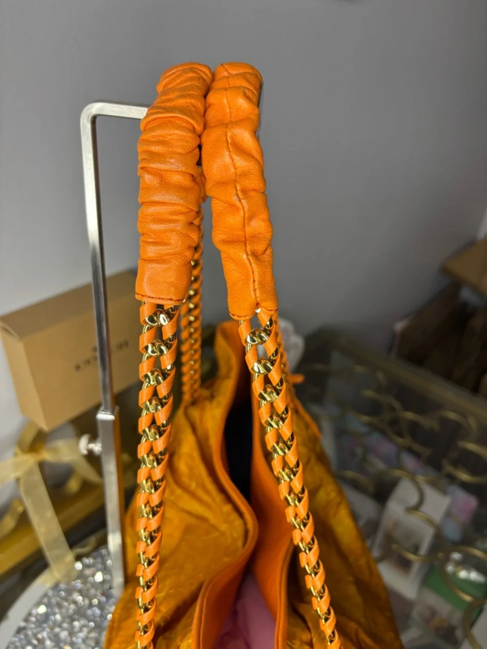 MCM RARE Orange Crinkled Leather Chain-Handle Shoulder Bag EUC - Picture 8 of 15